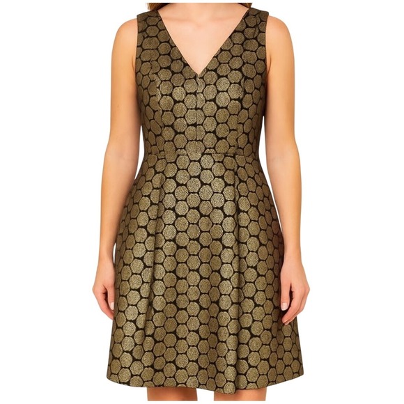 J. Crew Dresses & Skirts - J Crew Metallic Dot Jacquard Gold Black Metallic V Neck Fit Flare Dress Size 0